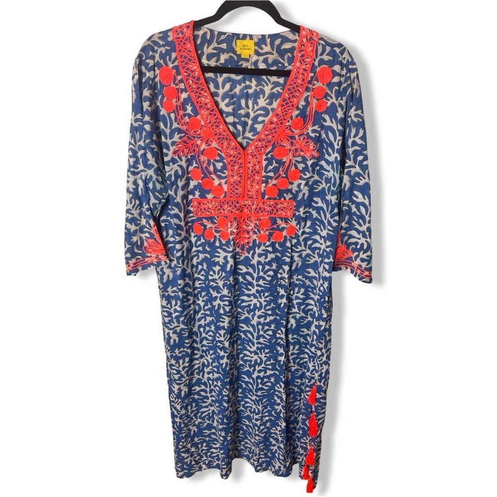 Roller Rabbit Women's Embroidered Tunic Dress Blue Coral Print Tassel Sz. L